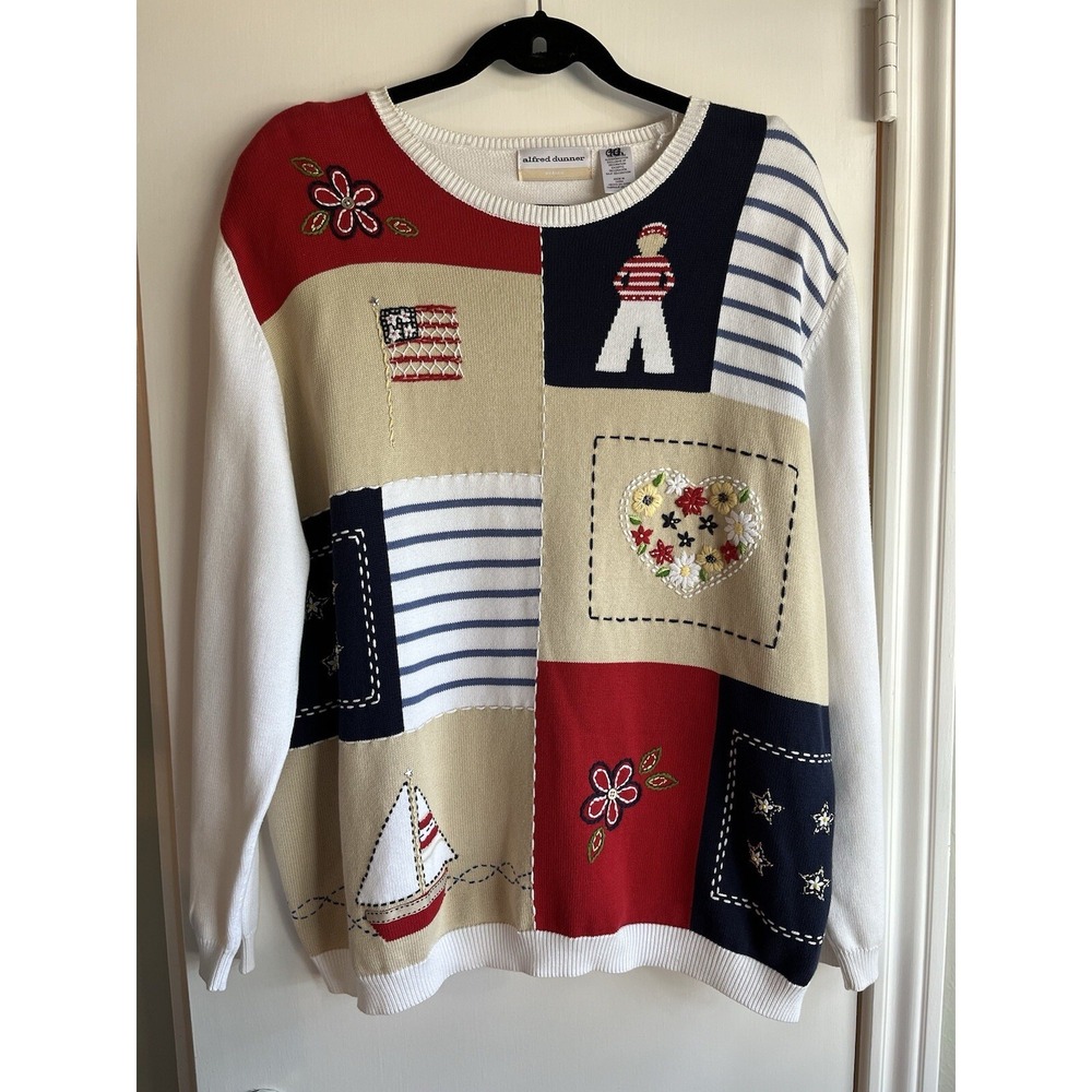 VTG Alfred Dunner Patchwork Embroidered America Sweater Shoulder Pad nautical 2X